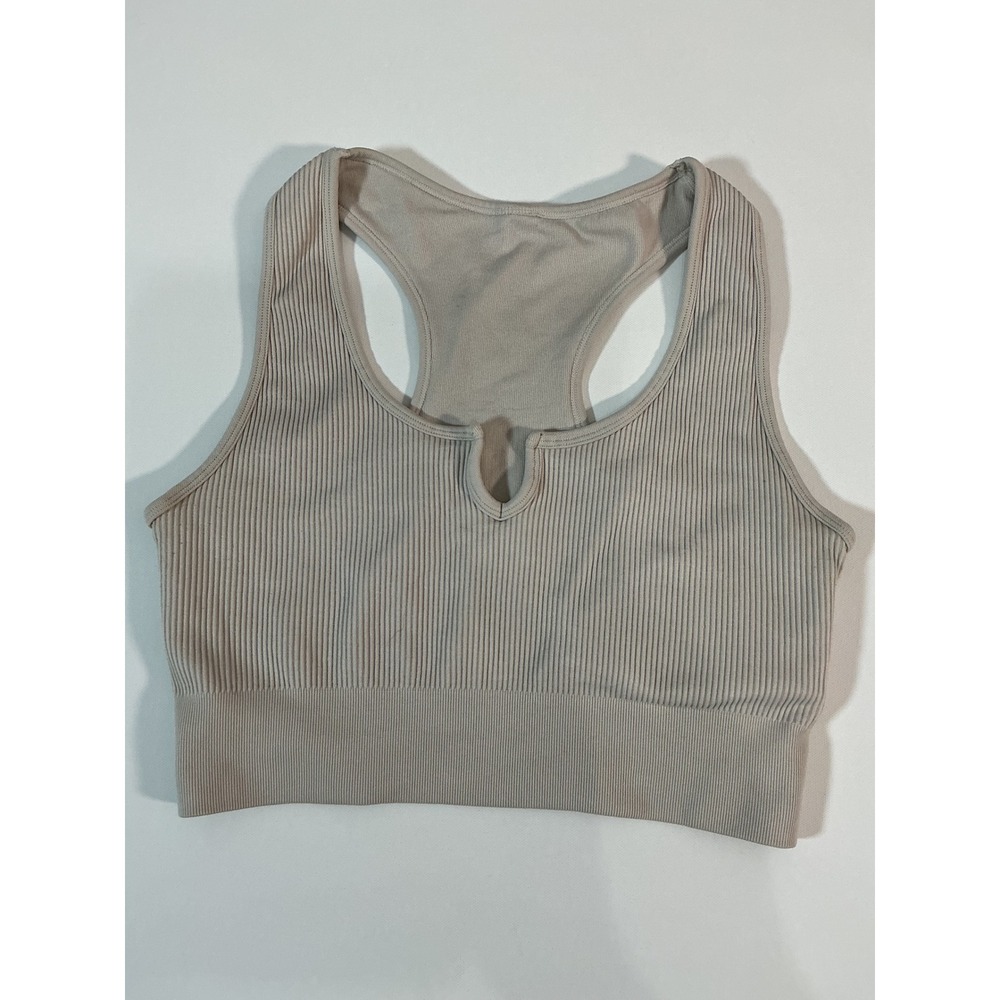 Vuori Ribbed Notched Racerback Sports Bra Beige Taupe Size M
